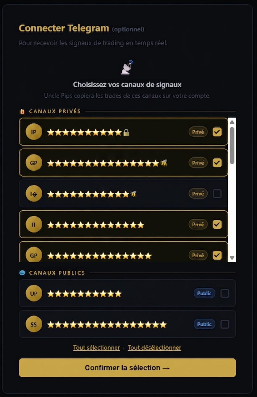Lier Telegram et choisir tes canaux